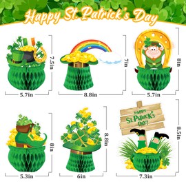 Whaline 6Pcs St.Patrick's Day Honeycomb Table Centerpiece 3D Shamrock Leprechaun Green Lucky Gold Coin Clover Hat Cute Decorative Irish Table Topper for Saint Patrick Party Home Decor