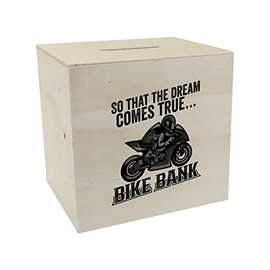 Bike Bank Wooden Money Box with Saying and Motorcycle in Black So That The Dream Comes True Bike Bank, A Decorative Piggy Bank to Save on a Moped Biker Money Box
