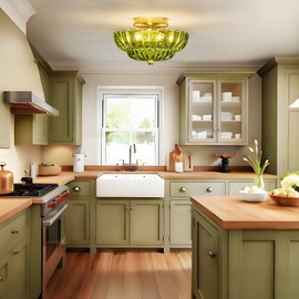 FHKLZCI Modern Mid Century Gold Semi Flush Mount Ceiling Light Fixture,3 Lights Green Glass Close to Ceiling Lighting Fixtures for Bedroom Hallway Kitchen Foyer Bathroom Closet Laundry Room 11.8 inch