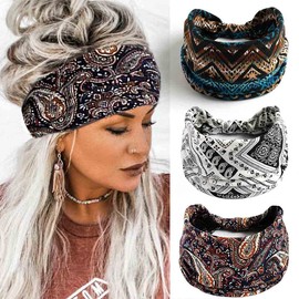 Aceorna Boho Bandeau Headbands Wide Knot Hair Band Stretch Turban Head Wraps Fashion Hair Accessories for Women and Girls 3 Pcs (Retro)