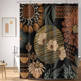 Umpoo Black Bohemian Floral Shower Curtain Mid Century Flowers Botanical Modern Elegant Aesthetic Shower Curtain for Bathroom Decor Waterproof Polyester with Hooks, 72x84 Inch