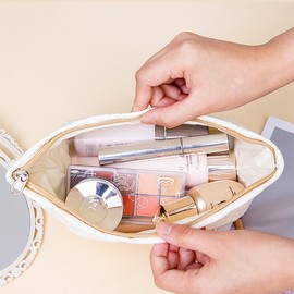 Makeup Bag for Women,Large Quilted Cosmetic Organizer Pouch Cute Floral Cotton Make up Bag Puffy Portable Travel Toiletry Bag Girls Zipper Waterproof Storage Bags,White Shell