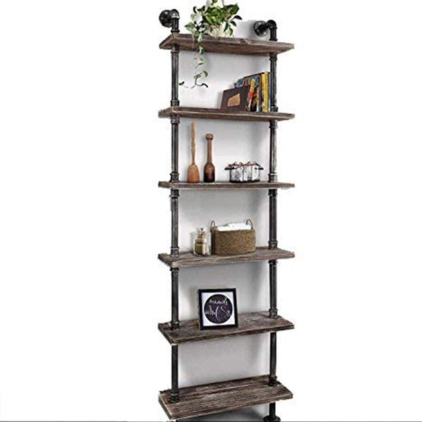 WGX Design For You Industrial 6-Tiers Modern Ladder Shelf Bookcase,Wood Storage Shelf,Display Shelving, Wall Mounted Wood Shelves, Metal Wood Shelves Bookshelf Vintage Wrought Iron Finish
