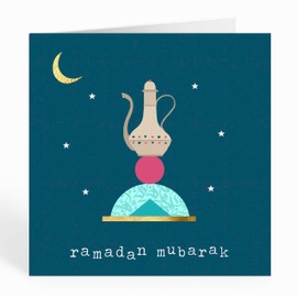 Islamic Moments: Ramadan Mubarak Teapot Greeting Card In Navy, With Crescent Moon, Stars & Arabic Calligraphy
