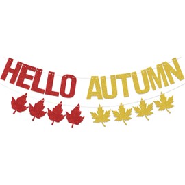 Hello Autumn Banner,Happy Fall Thanksgiving Party Decorations, Autumn Themed Party Maple Leaves Decorations,Colorful Harvest Theme Party Supplies Red Gold