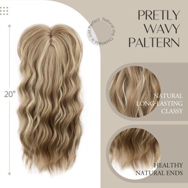 LEEONS Hair Toppers for Women, 20inch Dark Ash Blonde Mixed Bleach Blonde Wavy Hair Toppers for Women Toppers Hair Pieces for Women with Thinning Hair Synthetic Wig Clip In Hair Topper