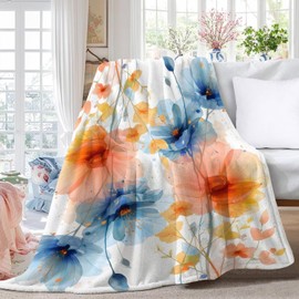 yuboo Blue Orange Watercolor Spring Blanket for Couch, Spring Gifts for Women, Elders and Girls,Colorful Floral Throw Blanket 50 x 60In, Soft and Cozy Flannel Blanket