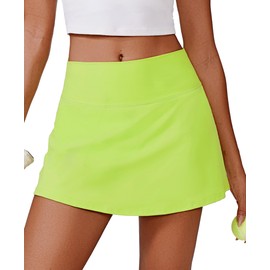 PINSPARK - Falda de tenis para mujer, falda de golf de cintura alta, control de abdomen, faldas atléticas con 2 bolsillos para entrenamiento, pickleball, Verde Neón, Large