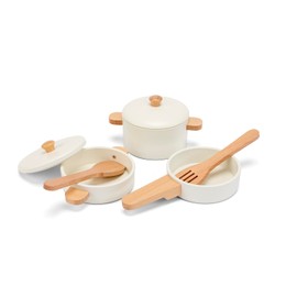 Woet® – Giocattolo da Cucina in Legno per Bambini Piccoli – Set di Pentole e Padelle Bianco 7 Pezzi – Accessori Cucina Giocattolo – A Partire da 2 Anni – Regalo per Bambini
