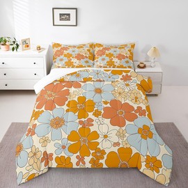 Castle Fairy Retro 70s 60s Floral Hippie Comforter Set Full Size,Summer Groovy Flowers Bedding Comforters Room Decor,Boho Plant Quilt Set with 2 Pillowcases,Teens Present