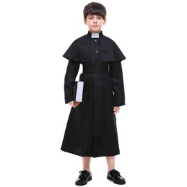 Faltern Priest Costume Boys Kids Clergy Costume Robe Black Catholic Biblical Minister Pastor Choir Cosplay Outfit Cassock
