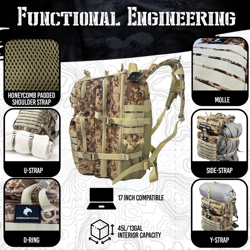 AMERICANPHOENIX 45L Elite Tactical Backpack | 3X Stronger Work &
