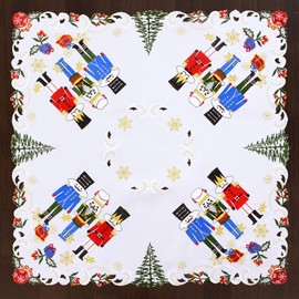 Grelucgo Embroidered Christmas Holiday Small Square Tablecloth 34x34 Inches, White with Snowflake and Nutcracker Designs (Nutcrackers)