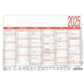 Zettler - Working Day Calendar 2025 White/Red, 21 x 14.8 cm, Poster Calendar with Monthly Overview, 6 Months on 1 Page, Holiday Dates, Work Days, Day and Week Counting and German Calendar