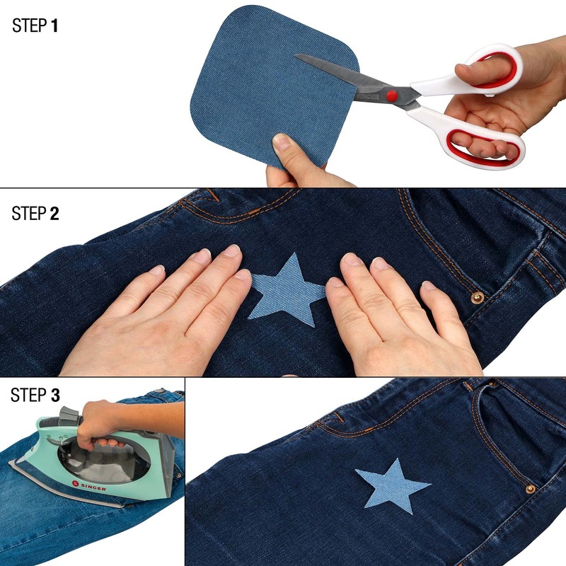 SINGER Fabric Iron-On Patches Blue Denim Set with Stencil, Set