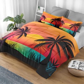 Pamnest Comforter Set Full Size, Beach Sunset Palm Tree 3 Pcs Soft Bedding for Kids and Adults, Hawaii Retro Tropical Comforter Set with Pillowcase, for Bedroom Bed Decor