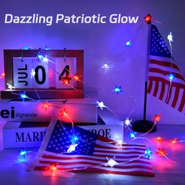 cshare 4th of July Lights Battery Operated, Red White and Blue Lights with Timer Outdoor Waterproof, 13ft 40LED Patriotic Star String Lights for Memorial Day Presidents Day Independence Day