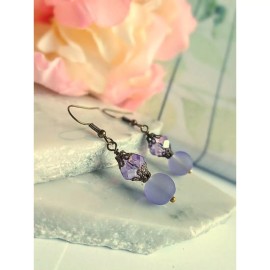Bad Apple Designs Frosted Purple Sea Glass, Brass Dangle Earrings, Brass Earrings, Antique