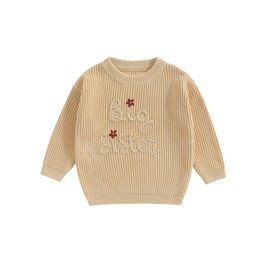 Baby Girl Cute Sweaters Sister Letter Flower Embroidery Long Sleeve Round Neck Knitwear Fall Winter Pullover Tops (F-a-Khaki, 18-24 Months)