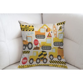 Mugod Cartoon Construction Label Cushion Cover Throw Pillow Covers Crew Vehicles Truck Chevron Sign Equipment Pillow Case for Men Women Decorative Home Sofa Chair Couch 45x45cm/18x18 Inch