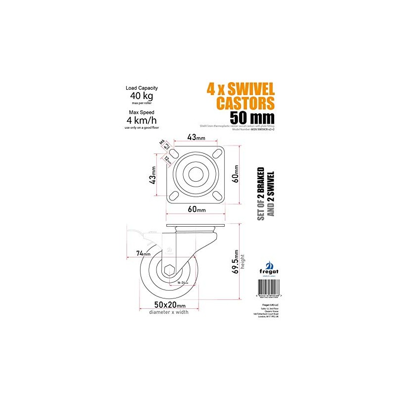 50mm Set of 4 Swivel Castors with Plate Fitting (TPR