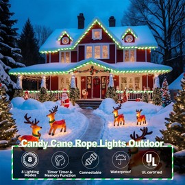 Jnaurb Christmas Candy Cane Lights, 33ft 240 LED Connectable Flexible White & Green Candy Cane Rope Lights for Outside, 8 Modes Waterproof LED Christmas Light for Garden Patio Tree Holiday Party Decor