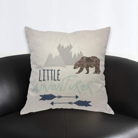 AOYEGO Little Adventurer Throw Pillow Cover Bear Mountain Arrow Wild Animal Nature Forest Travel Pillow Case 18x18 Inch Decorative Men Women Room Cushion Cover for Home Couch Bed