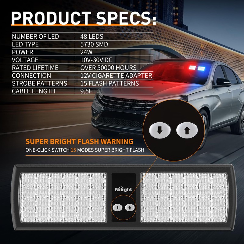 Nilight Red Blue 48LED Visor Strobe Lights Interior Windshield Emergency