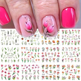 Tulip Flower Nail Art Stickers, Holographic Flowers Nail Water Transfer Decals Design, Pink Floral Nail Sticker Acrylic Supplies for Women Manicure Charms Decorations, DIY Resin Nail Decal Tattoo