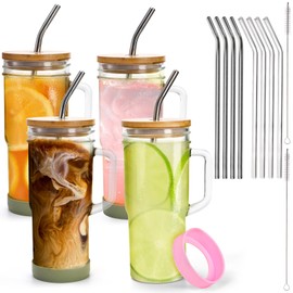 Yesland 4 Pack Glass Tumbler Cups with Handle, 24 oz Mason Jar with Bamboo Lids and Straws, Reusable Travel Coffee Mug Drinking Glasses for Iced Coffee, Smoothies, Beer, Juice and Bubble Tea, Gift