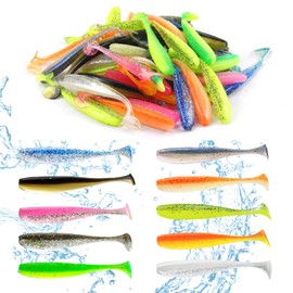 ELEpl Pack of 50 7.5 cm Rubber Fish Set Built-in Reflective Sequins with Transparent Box Double Hidden Hook Slots Fishing Bait 10 Catchy Colours for Perch Bait Zander Trout