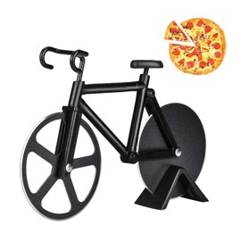 MUYAPAY Pizza Cutter Bicycle, Non-Stick Stainless Steel Pizza Roller, Pizza Scissors with Stand, Pizza Cutter with Sharp Cutting Wheel, for Party, Kitchen and Dining Room, 18 cm, Black
