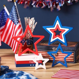 Blulu 6 Pieces 4th of July Wooden Star Signs Patriotic Decoration Memorial Day Table Decor for Home Independence Day Tiered Tray Shelf Decor (White,Blue and Red)