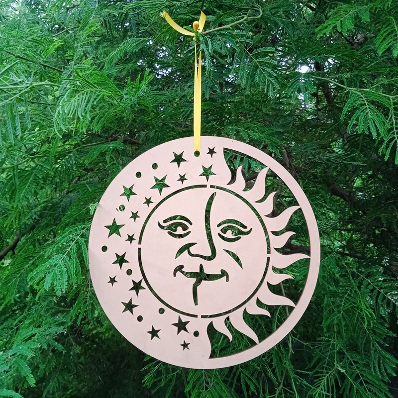 Purpledip Laser Cut Sun Moon Stars Unpainted Wooden Wall Hanging