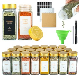 TESUNMU Gold Spice Jars with Label，4oz Seasoning Containers, Glass Spice Bottles with Shaker Lids,Funnel, Chalk Pen for Cabinet，Drawer，Rack(24)