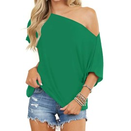 INFITTY Womens Off Shoulder Oversized Summer T Shirts Casual Dressy Short Sleeves Tops Beach Vacation Fashion Clothes Green Medium