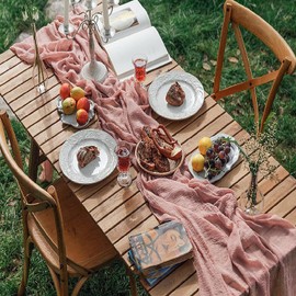 FOLAI Pack of 2 Boho Cheesecloth Table Runner Table Cloth - Rustic Wedding Table Decoration for Bridal Shower, Birthday & Celebrations (90 x 300 cm) - Eco Cotton & Reusable (Pink)