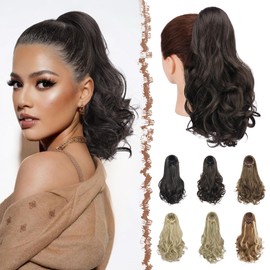 FESHFEN Ponytail Hair Extension with Drawstring, 38 cm Wavy Curly Synthetic Hair Extension Clip-In Hairpiece Ponytail Synthetic Hair Braid for Women, Dark Brown