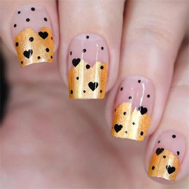 24Pcs Valentines Nails Press on Nails Short Square Nails Gold French Tips Fake Nails with Nail Glue Black Heart Acrylic Nails Design French Tip False Nails Valentines Stick on Nails for Women