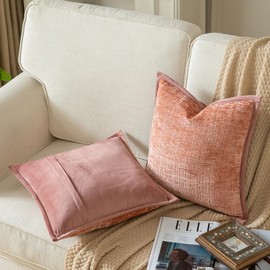 YAERTUN Pack of 2 Chenille Textured Decorative Cushion Covers Accent Solid Throw Pillow Covers Soft Cozy Pillow Case with Velvet Back for Couch Sofa Bed Living Room 18x18 Inch 45x45cm Pink