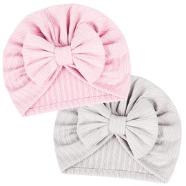 LECTNORE 2 Pieces Newborn Baby Hat, Soft Stretchy Baby Turban Hat, Infant Girls Boys Hat, Nursery Hospital Hat for Newborns, Toddlers, Light Pink/Grey