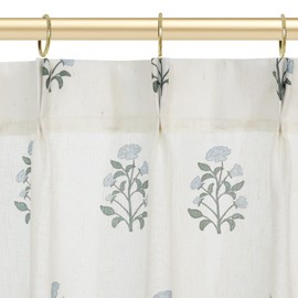 Cafe Curtains for Kitchen,Pinch Pleated Small Window Curtains Over Sink,Farmhouse Linen Sheer Blue and Green Floral Vintage Block Print 18 Inch Length Mini Curtains