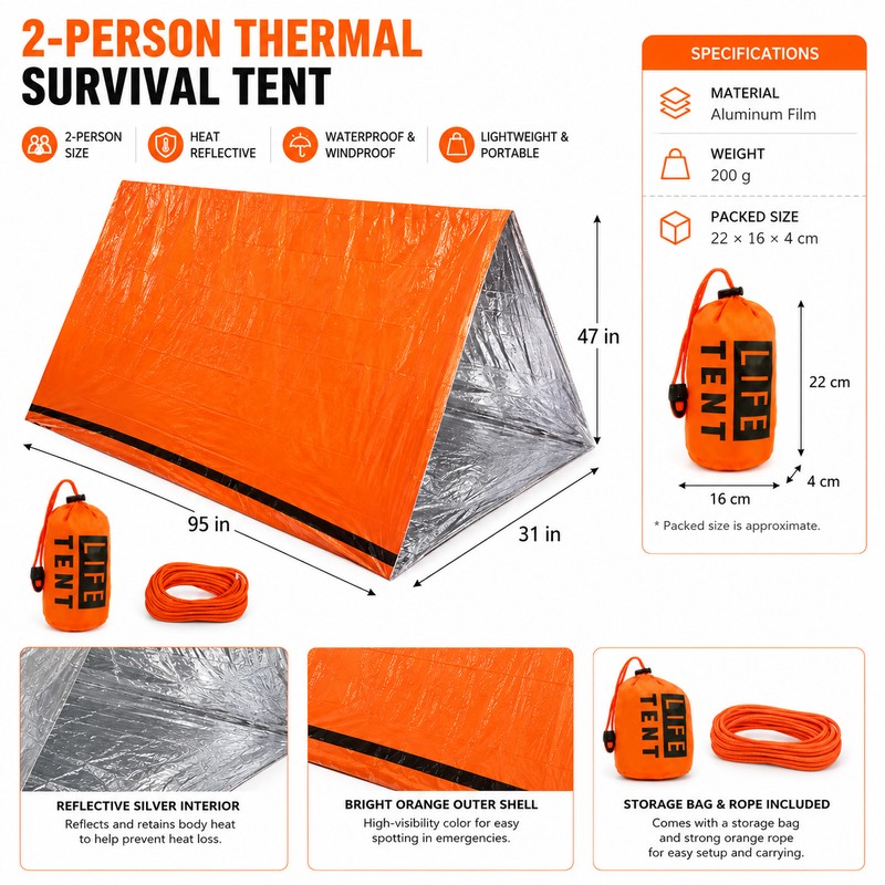 2-Person Emergency Tent for Camping – Waterproof Thermal Survival Shelter