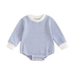 HZPHQY Newborn Baby Girl Boy Long Sleeve Bubble Romper Onesie Infant Waffle Stripe Bodysuit Autumn Outfit (A Blue Stripe, 0-3 Months)