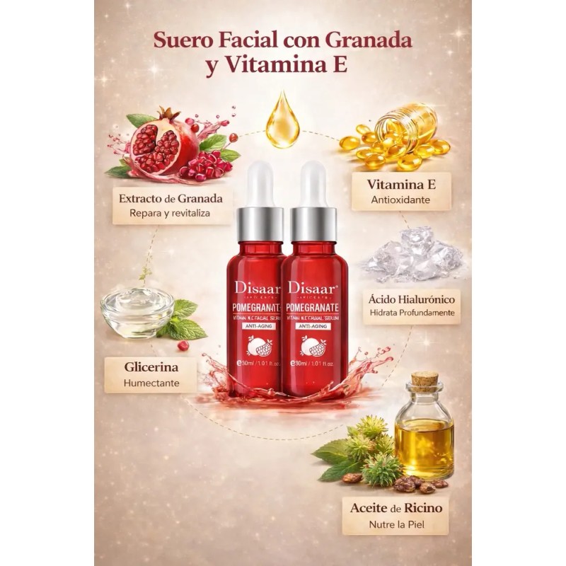 Suero Facial Antiarrugas, Hidratante, Granada, Vitamina E