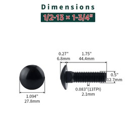 1/2-13 x 1-3/4" Black Carriage Bolts with Nuts and Washers Kits (8 Sets), 304 Stainless Steel 18/8, Black Finish, Round Head, Square Neck, Heavy Duty Bolts, Indoor Outdoor Fastening Bolts, Fayeploo