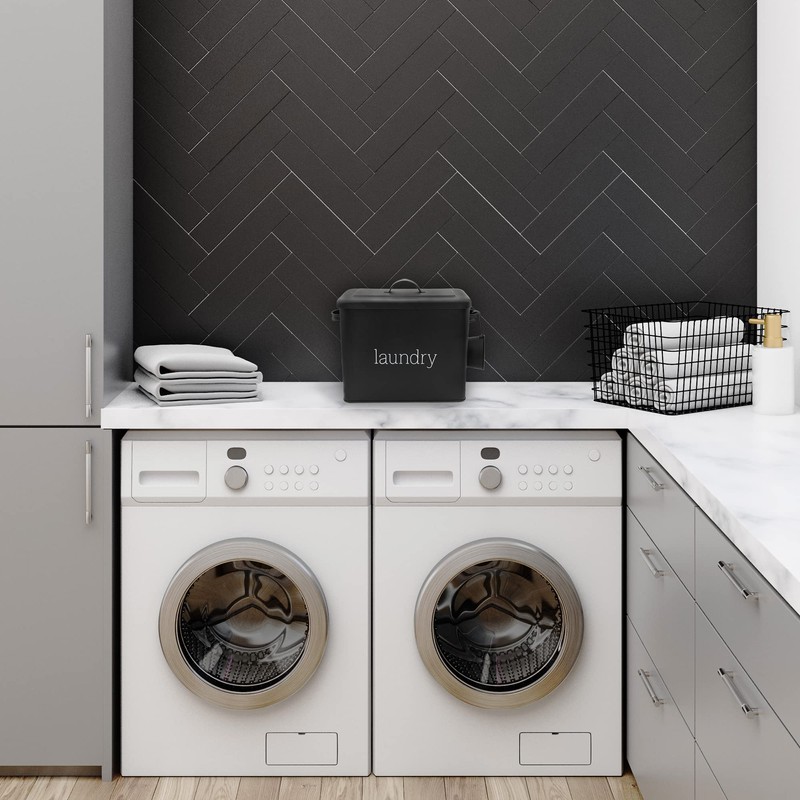 AuldHome Enamelware Laundry Powder Container (Black), Enamelware Detergent Bin with