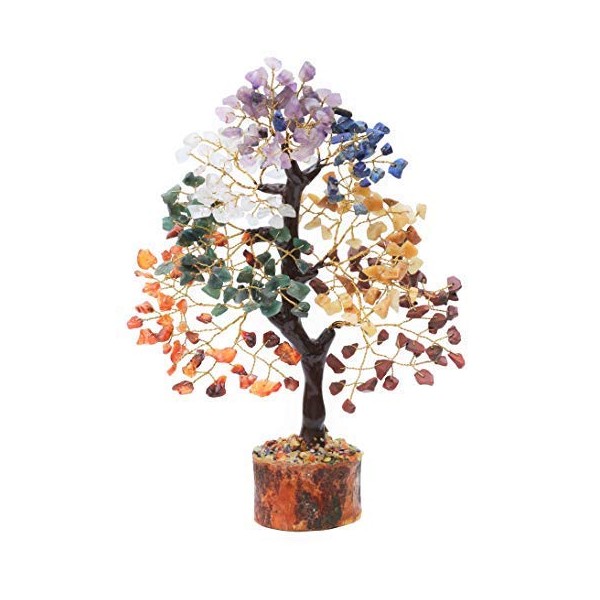 Shawn Seven Chakra Natural Healing Gemstone Crystal Bonsai Fortune Money Tree for Good Luck, Wealth & Prosperity-Home Office Decor Spiritual Gift (with Golden Wire and 300 Beads) Size 10-12 Inches