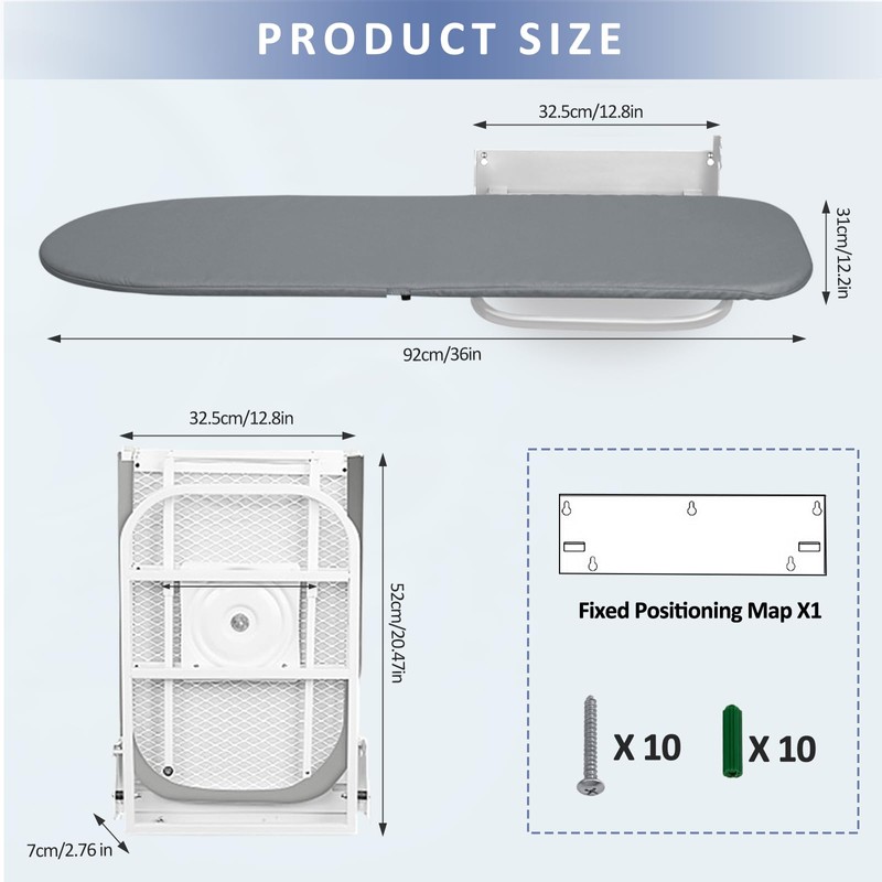 VerRich Foldable Wall Mounted Ironing Board 36” x 12”180°Rotatable Ironing