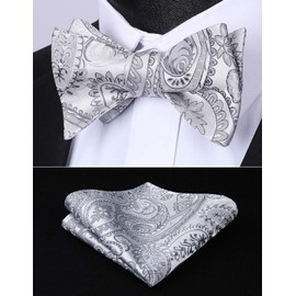 HISDERN Silver Bow Ties for Men Gray Paisley Self Tie Bow Tie and Pocket Square Set Classic Business Formal Tuxedo Bowtie Handkerchief for Wedding Party